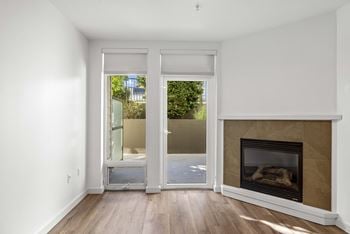 Fireplace and patio at 128 on state apartments in kirkland, wa 98033